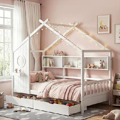 kids single bed frame with 3 storage bookcase and 2 drawers house bed solid wood montessori bed easy assembly white