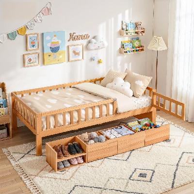 kids single bed frame with 3 storage drawer montessori bed for toddler natural