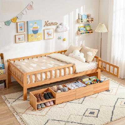 kids single bed frame with 3 storage drawer montessori bed for toddler natural