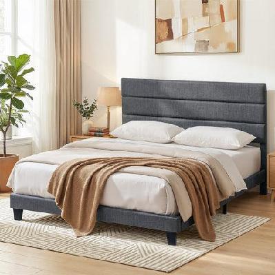 king bed frame upholstered platform base with geometric headboard charcoal grey linen wood slats for modern bedroom furniture home decor