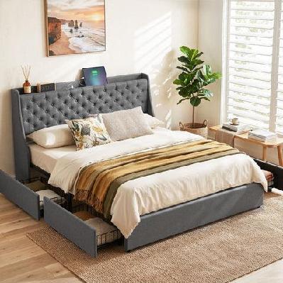 king bed frame with 4 storage drawers and charging station tufted wingback headboard 300kg loads charcoal grey