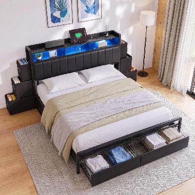 king bed frame with storage headboard, 2 drawers, charging station and led light