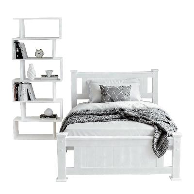 king single bed frame and bookshelf
