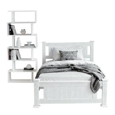 king single bed frame and bookshelf