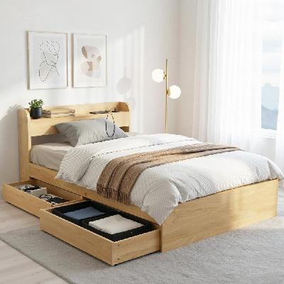 king single bed frame with 2 drawers platform bed with headboard bed base with usb ports natural