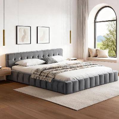 king size bed frame plush soft headboard velvet platform base for modern bedrooms grey