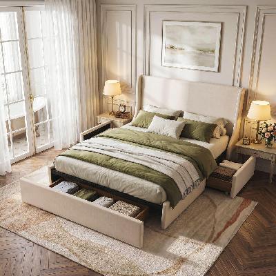 king upholstered bed frame with 3 storage drawers wingback headboard heavy duty metal platform base