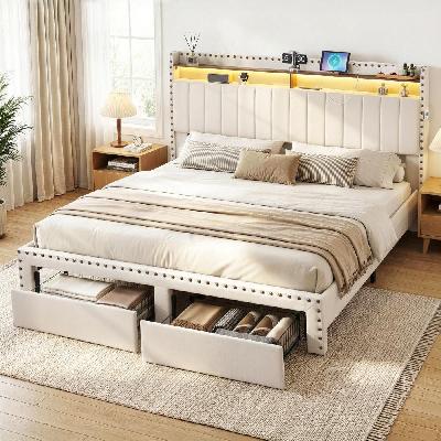 king upholstered bed frame with shelf storage drawers charging station mood lighting linen