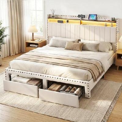 king upholstered bed frame with shelf storage drawers charging station mood lighting linen