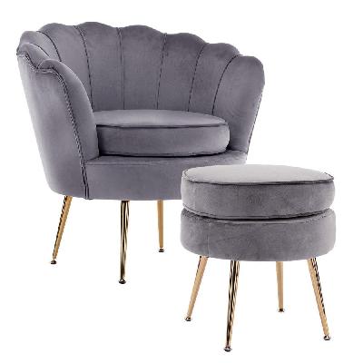 la bella shell scallop grey armchair accent chair velvet + round ottoman footstool