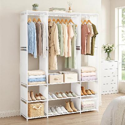 large portable clothes closet wardrobe with open shelf white