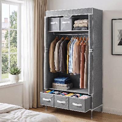 large portable clothes closet wardrobe with tiebacks grey