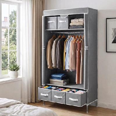 large portable clothes closet wardrobe with tiebacks grey