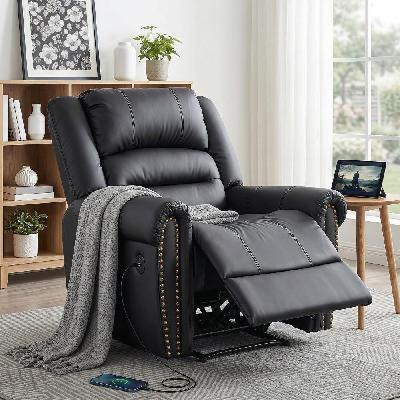 leather manual recliner chair with usb charge port, overstuffed armchair sofa for living room and nursery, asjustable theater reclining lounge with comfortable wide seat, 150kg capacity, black