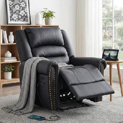 leather manual recliner chair with usb charge port, overstuffed armchair sofa for living room and nursery, asjustable theater reclining lounge with comfortable wide seat, 150kg capacity, black