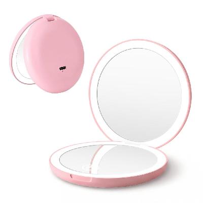 led compact mirror lighted travel makeup mirror pocket-sized 1x 10x magnification round pink
