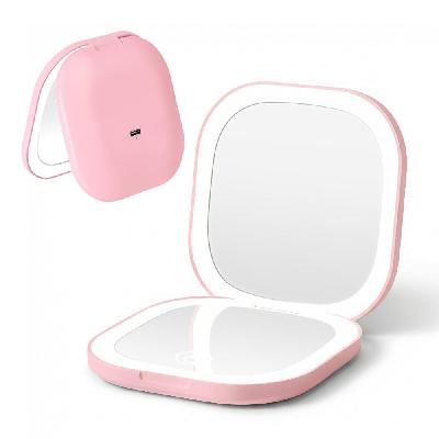 led compact mirror lighted travel makeup mirror pocket-sized 1x 10x magnification square pink