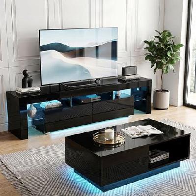 led tv unit and coffee table set storage cabinet black