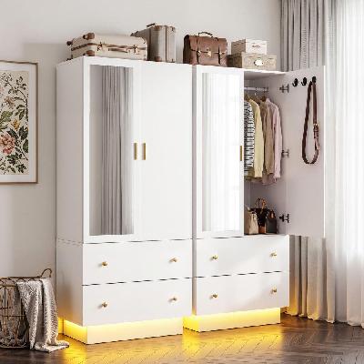 led wardrobe cabinet clothes storage with mirror 2 drawers hanging rail