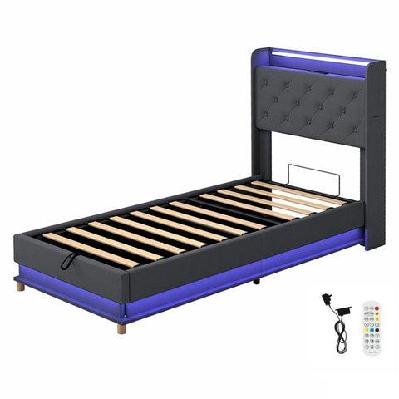 levede single bed frame gas lift storage led light usb