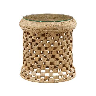 lucy woven round slim end lamp side table glass top metal frame natural