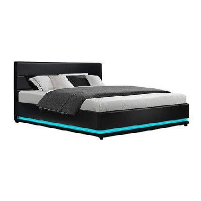 lumi led bed frame pu leather gas lift storage - black king