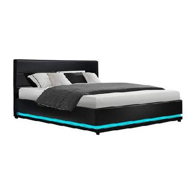 lumi led bed frame pu leather gas lift storage - black queen