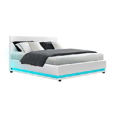 lumi led bed frame pu leather gas lift storage - white double