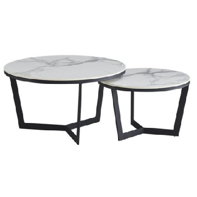 set of 2 nesting round coffee table set marble look white/black