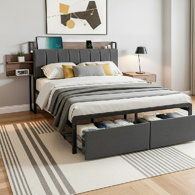 metal bed frame double size with 2-tier hidden storage with charging station