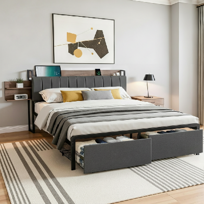 metal bed frame king size with 2-tier hidden storage with charging station