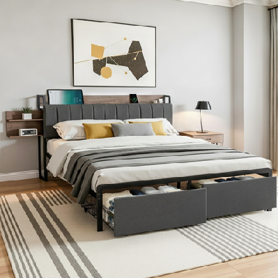 metal bed frame king size with 2-tier hidden storage with charging station