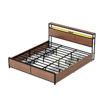 metal bed frame king size with 2-tier storage headboard metal platform with 4 storage drawers built in charging station and led noise-free/metal support/no box spring needed vintage brown