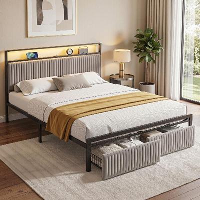 metal bed frame queen size led charging station 2 drawers