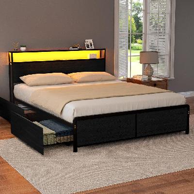metal bed frame queen size storage headboard charge station led 4 drawers