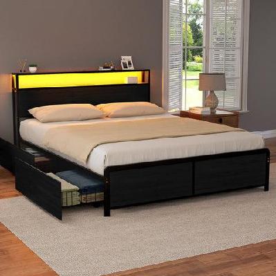 metal bed frame queen size storage headboard charge station led 4 drawers