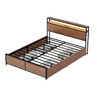 metal bed frame queen size with 2-tier storage headboard metal platform with 4 storage drawers built in charging station and led noise-free/metal support/no box spring needed vintage brown