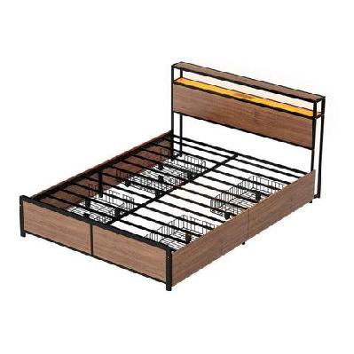 metal bed frame queen size with 2-tier storage headboard metal platform with 4 storage drawers built in charging station and led noise-free/metal support/no box spring needed vintage brown