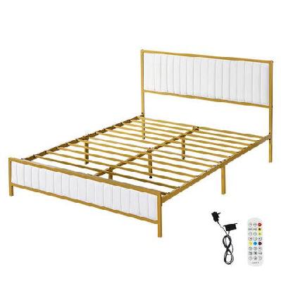 queen metal bed frame with padded headboard – beige | under-bed storage and sturdy slats