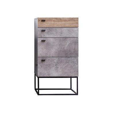 modern 4-drawer chest of drawers tallboy - black metal legs - dark oak / cement grey