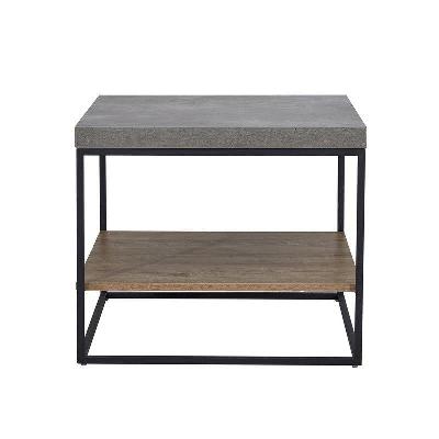 modern open shelf nightstand end side lamp table - black metal legs - cement grey