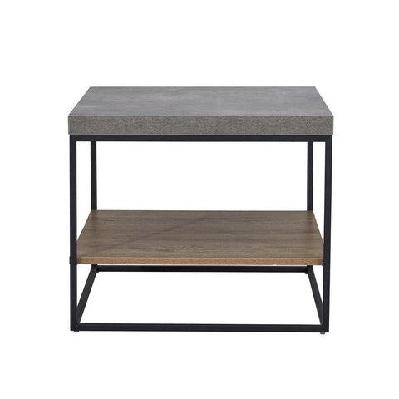 modern open shelf nightstand end side lamp table - black metal legs - cement grey