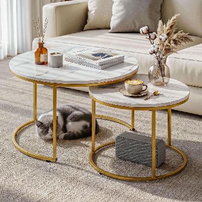 nesting coffee table set of 2 round marble effect 70/50cm white and gold