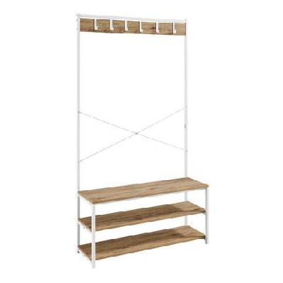 nico industrial hall tree coat rack 3-tier hallway shoe bench cabinet - oak/white