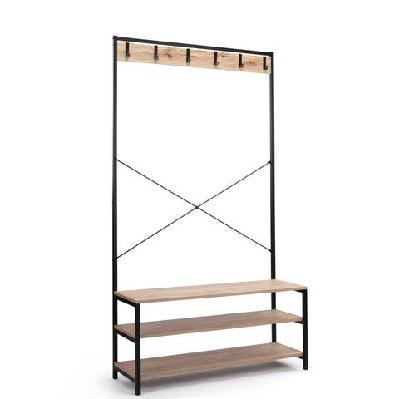 nico industrial hall tree coat rack 3-tier shoe bench cabinet - oak/black
