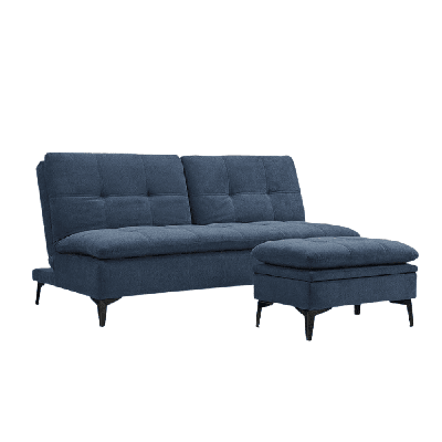 designer 3-seater fabric sofa bed wooden legs w/ ottoman - blue