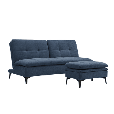 designer 3-seater fabric sofa bed wooden legs w/ ottoman - blue