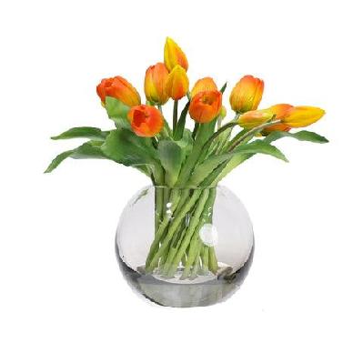 orange tulip artificial faux flower plant decorative arrangement in fishbowl