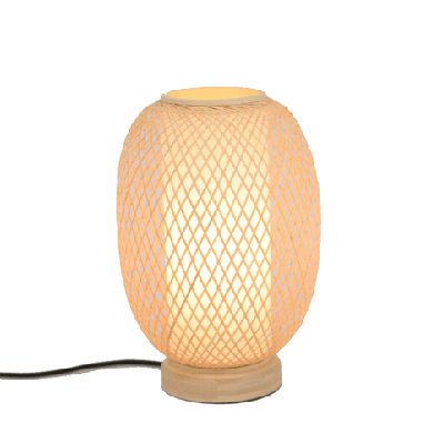oval modern oriental wooden hand-woven bamboo table lamp - natural