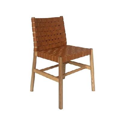 piper woven leather dining chair wooden legs - brown